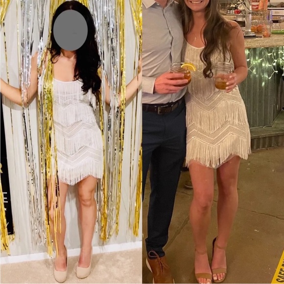 White and Beige Sequin Fringe Flapper Mini Dress 🌿 - Picture 14 of 16